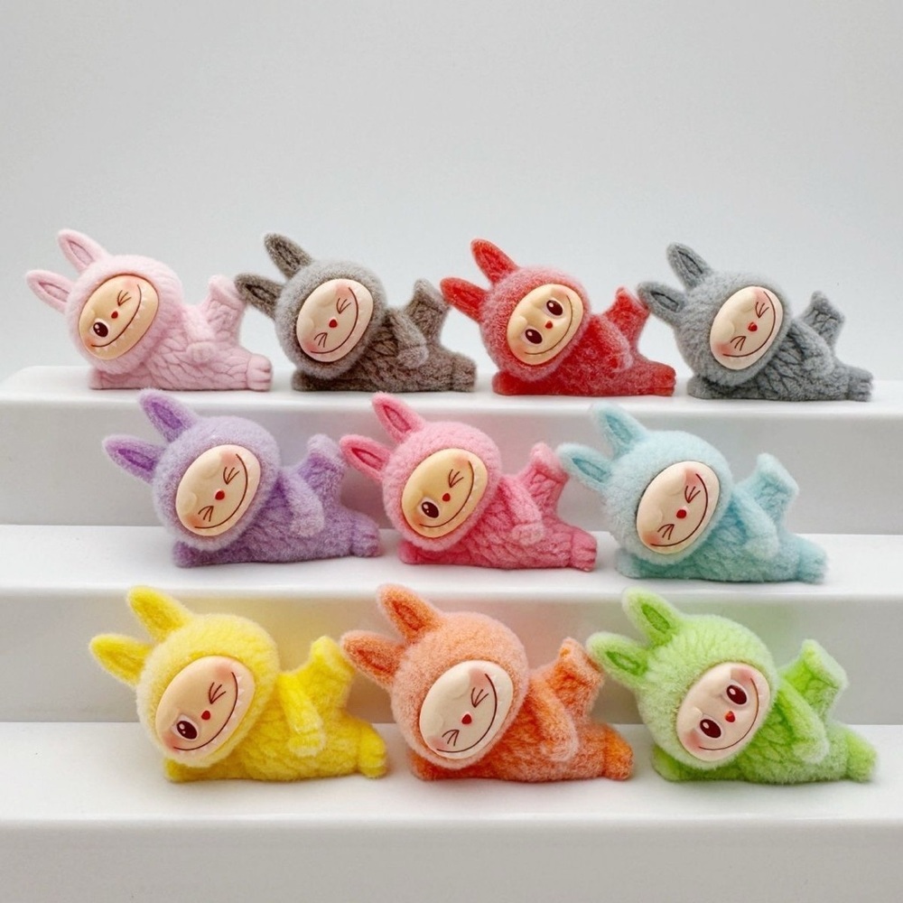9 PCs Fuzzy Yoga Mini Labubu Monster Bunny Character Toy-Assorted Pastel Colors
